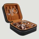 GFT2303 - 4" x 4" Black/Silver Laserable Leatherette Travel Jewelry Box with Tan Lining