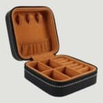 GFT2303 - 4" x 4" Black/Silver Laserable Leatherette Travel Jewelry Box with Tan Lining