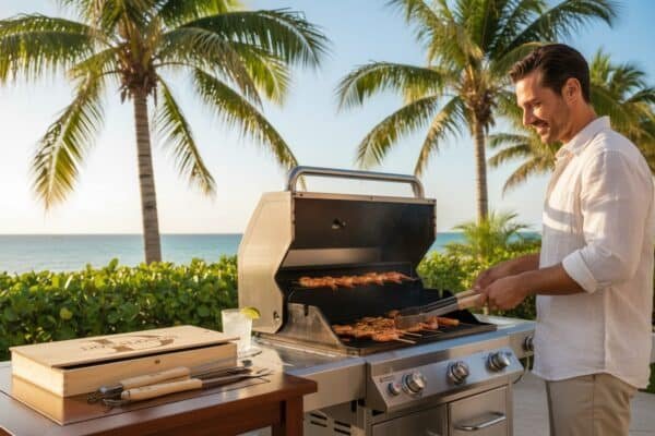 3-Piece BBQ Set in Wooden Pine Box background