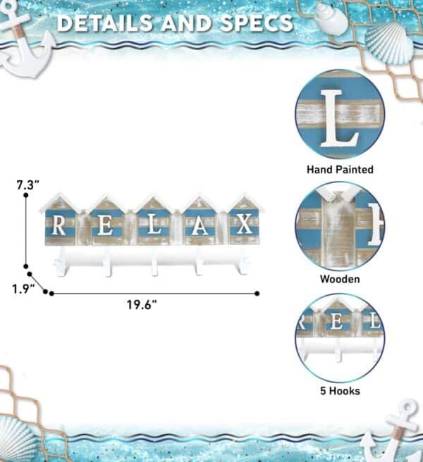 Aqua Sky Relax Beach House 5 Hook Wall Accent – Nautical Decor