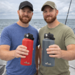 Brothers on boat wit water background bottles