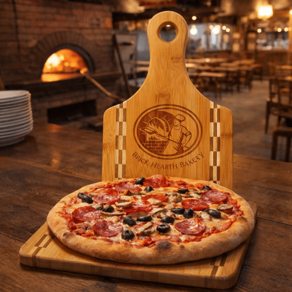 GFT460 - 13 12 x 7 Paddle Shaped Bamboo Cutting Board with Butcher Block Inlay background