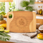 GFT890 - 11" x 9" x 5/16" Bamboo Two Tone Cutting Board with Handle background