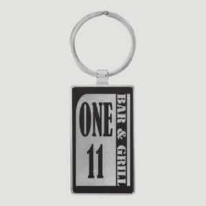 GFT2176 - 2 3/4" x 1 1/4" Laserable Leatherette/Metal Black/Silver Rectangle Keychain