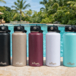 Water Bottles by the pool background