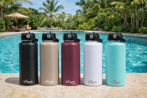 Water Bottles by the pool background