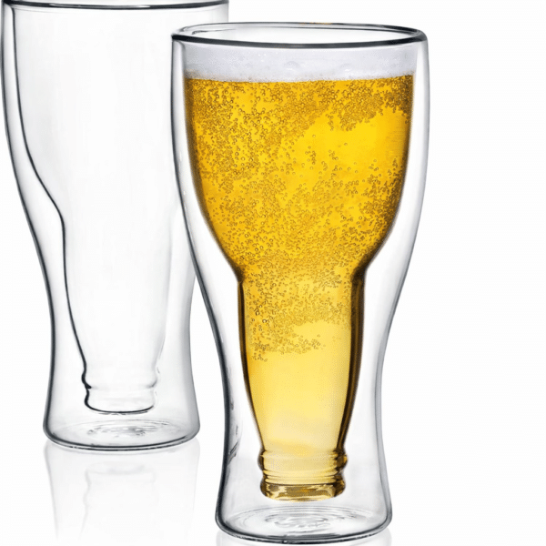 13.5 oz Clear Double Wall Insulated Beer Glass - Upside Down Design - Holds One Full Bottle